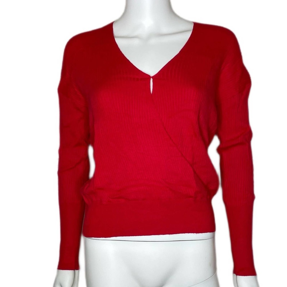 Elodie Women's Red Ribbed Knit Surplice Neck Long Sleeve Pullover Top sz S - Picture 2 of 4